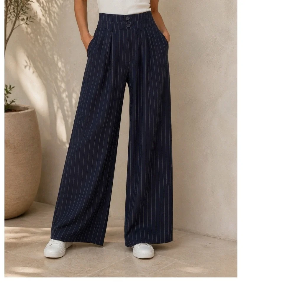 Cider Navy Blue‎ Pinstripe High Waisted Wide Leg Pleated Trousers Pants Size M